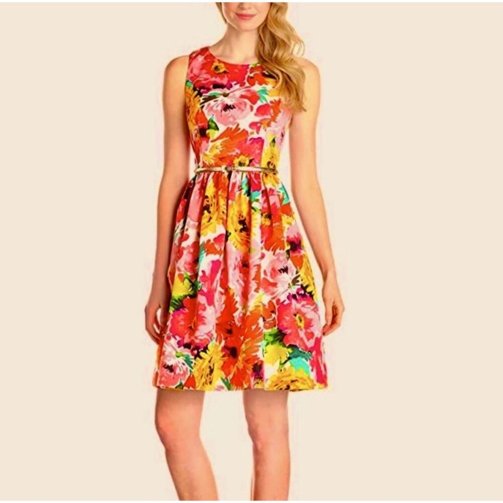 Eliza J Women's Multicolor Floral Sleeveless Fit and Flare Dress Belted Size 8